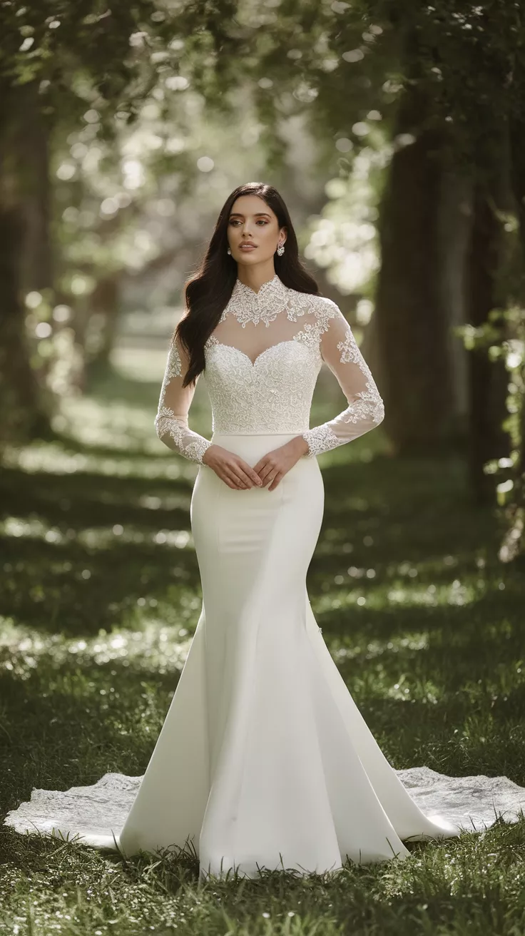 A professional photo, similar to a photo in a wedding magazine, of a bride wearing a fitted white wedding gown with a sweetheart neckline, worn elegantly under a delicate sheer lace bolero with a high neck and long sleeves, creating an utterly refined silhouette.