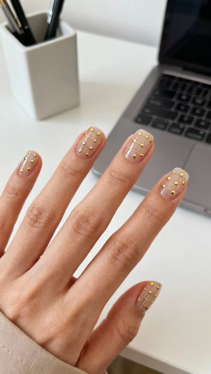 close-up shot of a woman’s hand with five fingers showing nails with a sheer neutral base, featuring a symmetrical grid pattern of perfectly placed tiny gold dots, modern desk setting.