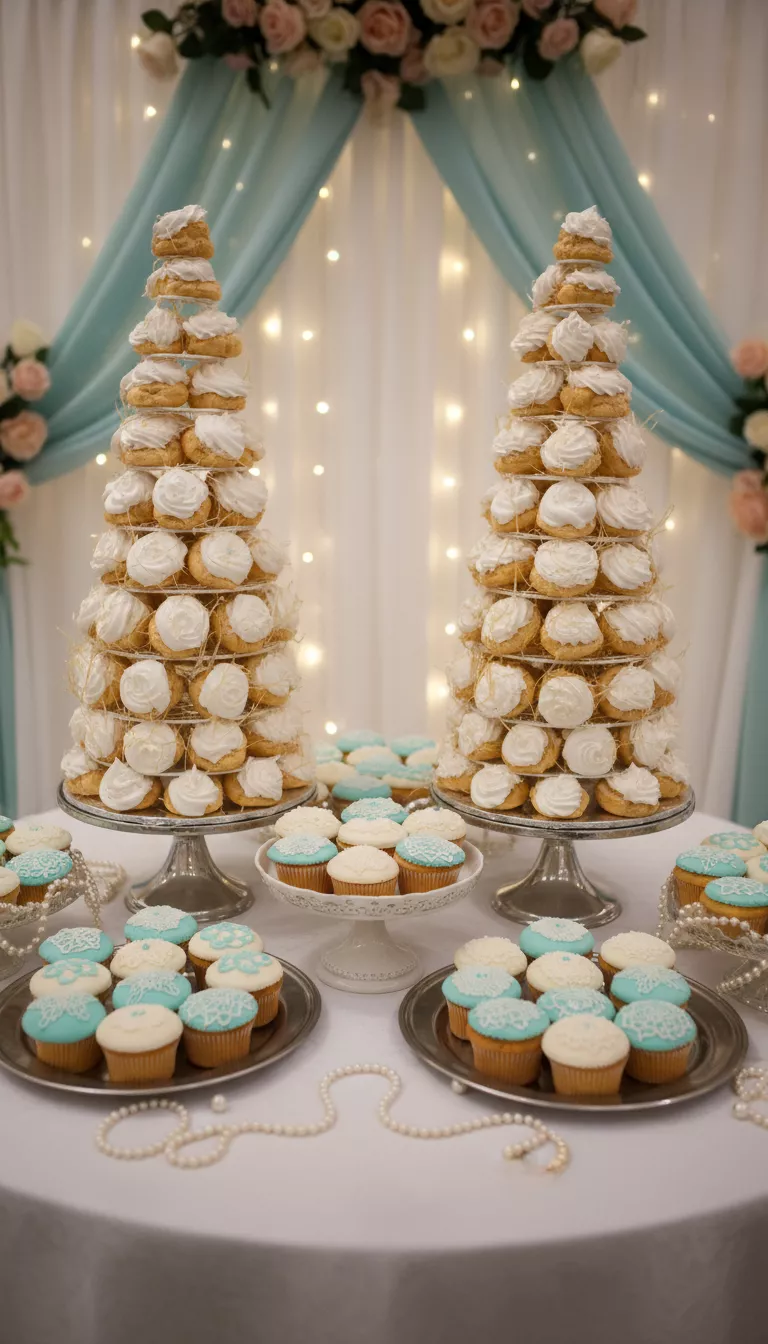 A photo of an elegant wedding dessert display showcasing two impressive, towering white meringue croquembouche-style cakes, perfectly accompanied by attractive teal and white frosted cupcakes.