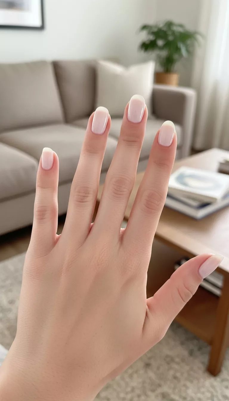 close-up shot of a woman’s hand with five fingers showing nails with a translucent white polish that resembles skim milk, living room background.