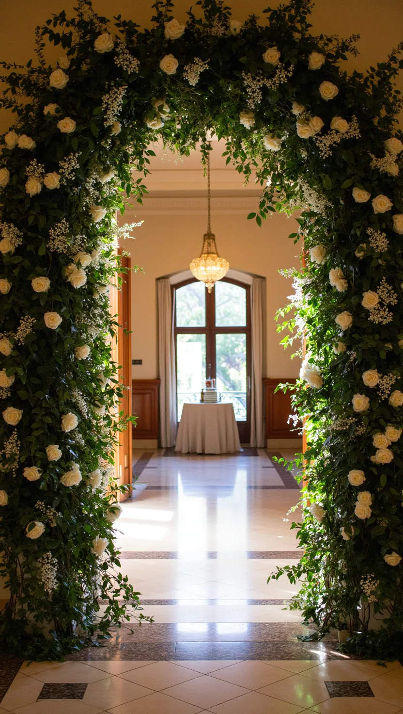 A professional photo, similar to a photo in a wedding magazine, of a grand ballroom entrance framed by a densely packed archway of cascading ivy, white roses, and twinkling hidden fairy lights.