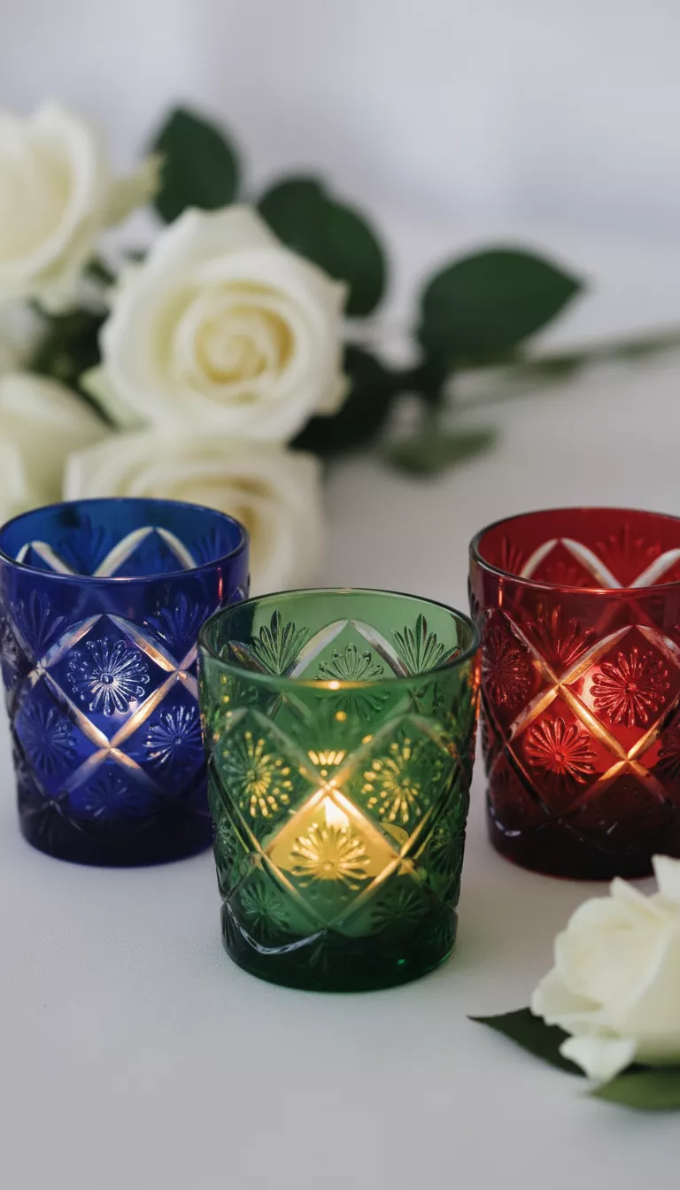 A professional photo, similar to a photo in a wedding magazine, of a close up shot of three small, highly patterned decorative glass votive candle holders in varying jewel tones, each holding a flickering tea light, creating a jeweled ambiance.