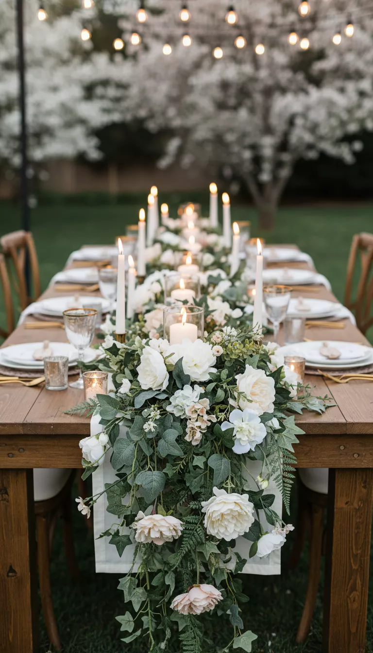 A professional photo, similar to a photo in a wedding magazine, of a long, flowing centerpiece composed of Dollar Tree greenery and faux flower garlands woven down the center of a rectangular wooden table, interspersed with candles.