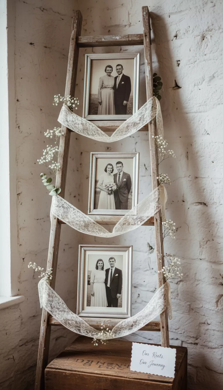 A professional photo, similar to a photo in a wedding magazine, of a rustic wooden ladder displaying framed black and white photos of the couple's parents and grandparents on their wedding days, connected by delicate lace ribbon, honoring family history.