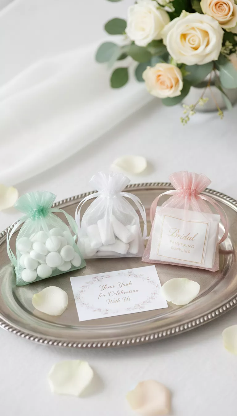 A professional photo, similar to a photo in a wedding magazine, of three small organza bags containing mints, gum, and a folded sheet mask labeled 'Bridal Pampering Supplies,' placed on a silver tray as small guest thank-yous.