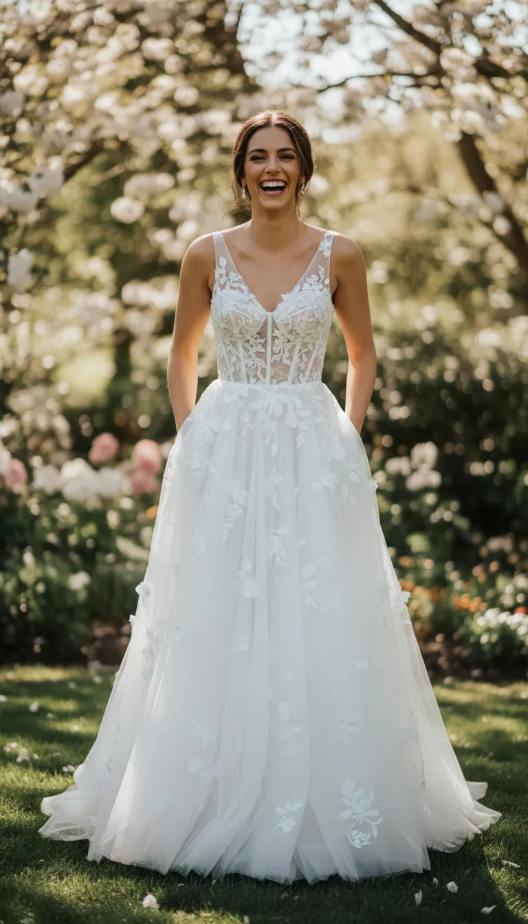 A photo of a bride wearing a sleeveless white gown with a boned lace bodice and a flowing full skirt with floral appliqués, smiling and posing with pockets.