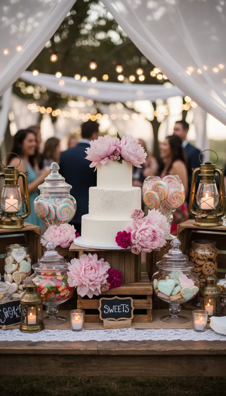 A photo of a rustic chic wedding dessert table showcasing a tiered cake adorned with beautiful pink peonies and edible glitter, surrounded by clear jars filled with colorful candy and cookies.