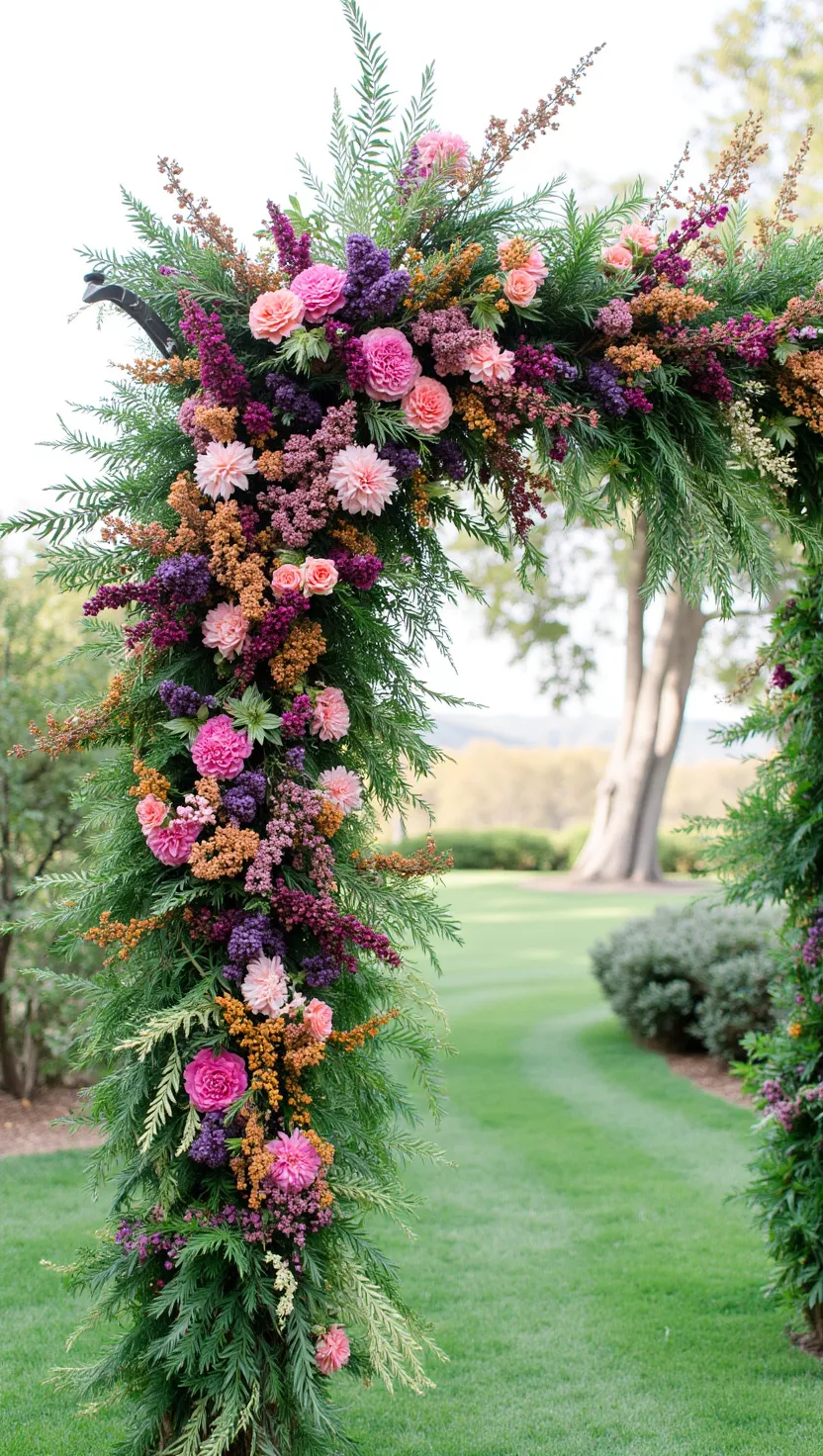 Vibrant Ceremony Archway A photo of a lush archway overflowing with vibrant pink, purple, and orange flowers mixed with abundant green foliage, set outdoors for a lively wedding ceremony.