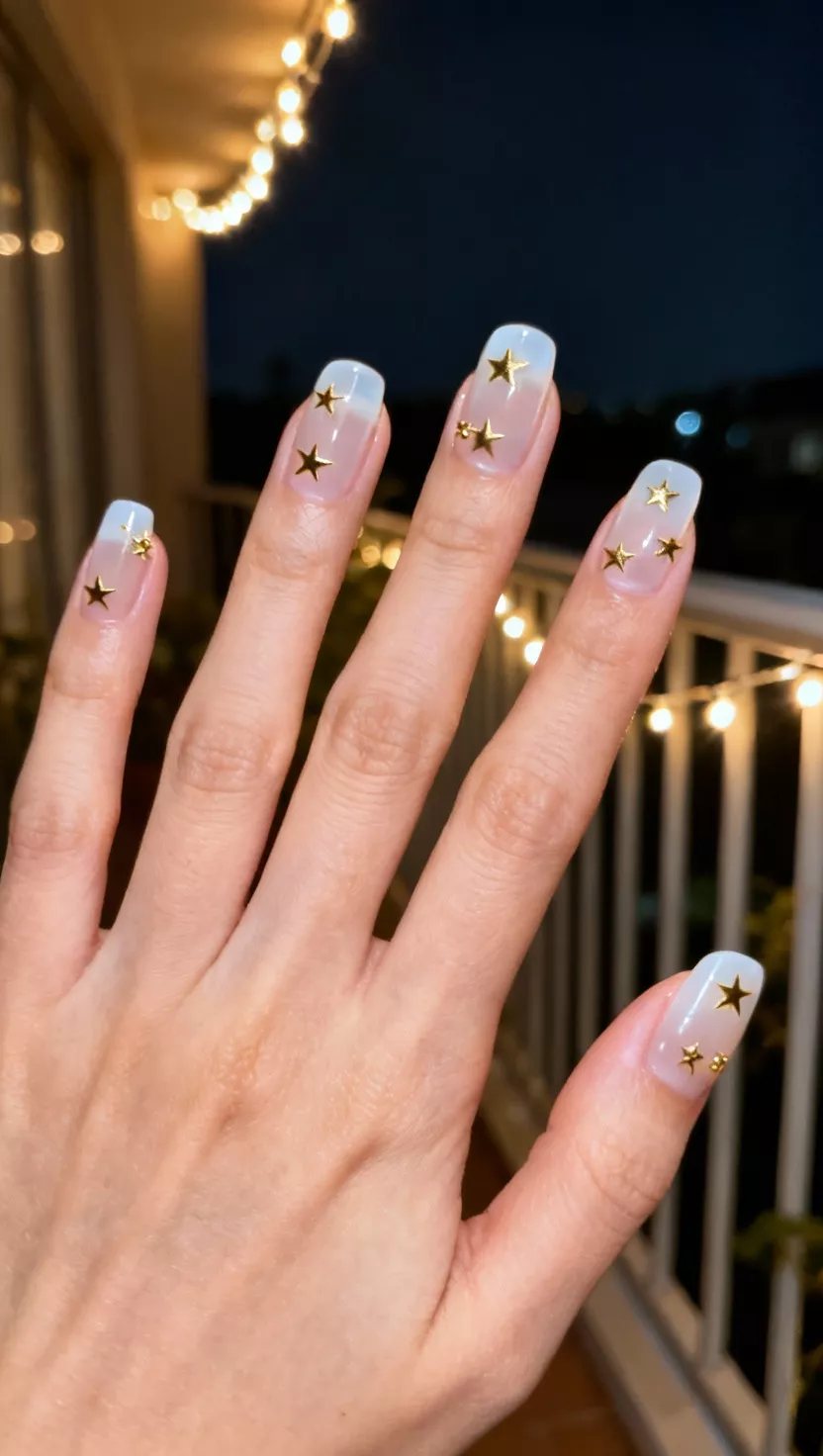 close-up shot of a woman’s hand with five fingers showing nails with a sheer, milky white base, featuring small clusters of tiny gold star decals placed randomly near the tips of each nail, nighttime balcony setting.