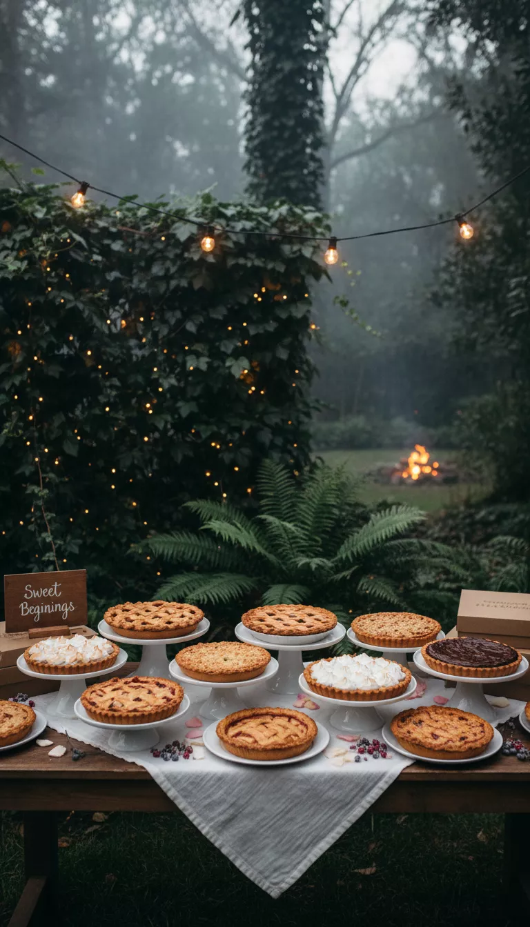 A photo of an enchanting nighttime outdoor wedding dessert table, showcasing a variety of homemade pies and delicious tarts arranged on crisp white serving platters, set against a dark backdrop of lush green foliage.
