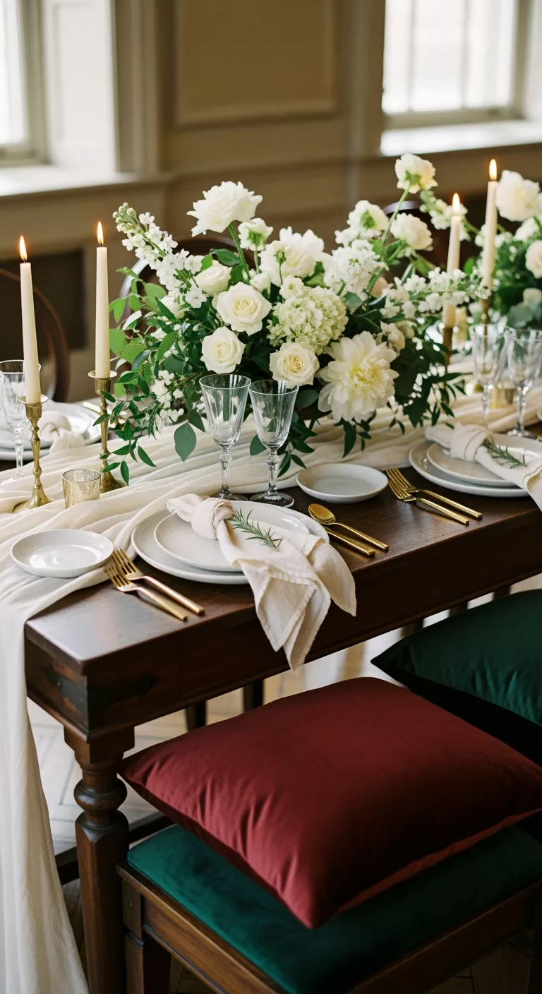 A professional photo, similar to a photo in a wedding magazine, of an overflowing centerpiece of soft ivory linen draped across an antique wooden table, with rich velvet seating pillows and smooth ceramic dishes, showing the tactile variation in fabrics and materials, bathed in soft daylight.