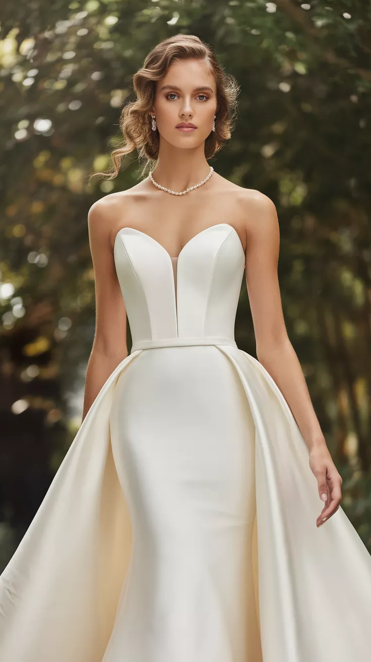 A professional photo, similar to a photo in a wedding magazine, of a bride wearing a strapless white wedding gown with a subtle sweetheart neckline and a column silhouette that gracefully flares at the bottom, creating a sleek and modern look.