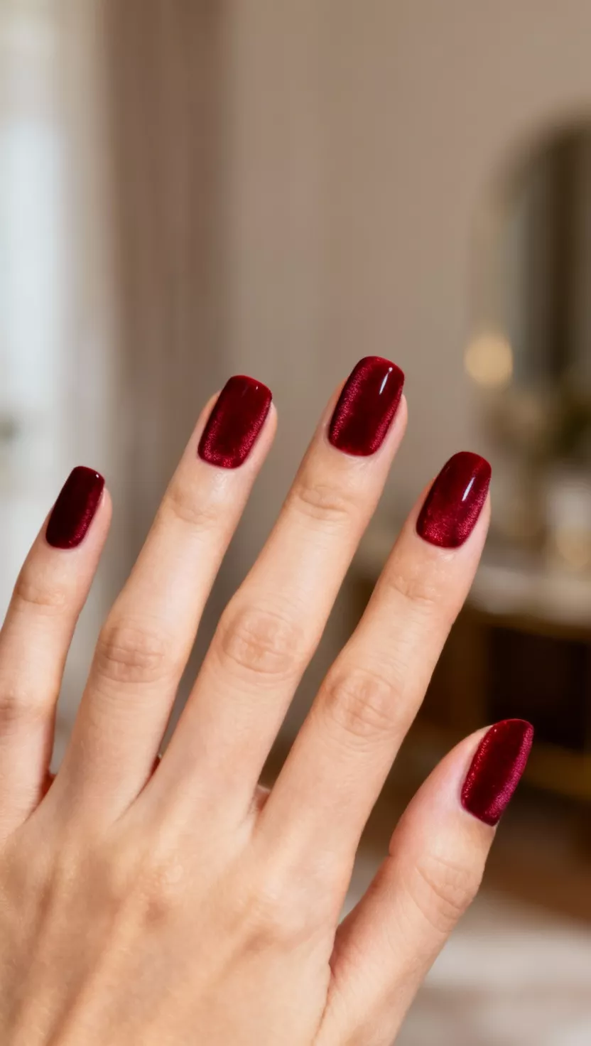 Crimson Red Velvet close-up shot of a woman’s hand with five fingers showing nails with a deep, sumptuous crimson red polish that has a slight shimmer to mimic velvet texture, room background.
