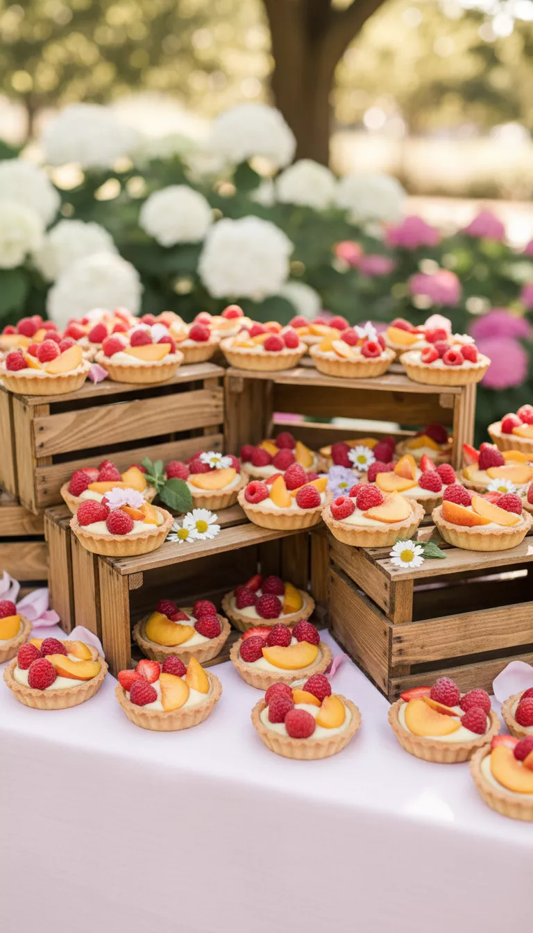 A photo of an inviting wedding dessert display of individual fruit tarts presented charmingly in small wooden crates, featuring bright strawberries, succulent peaches, and tart raspberries on a light pink surface.