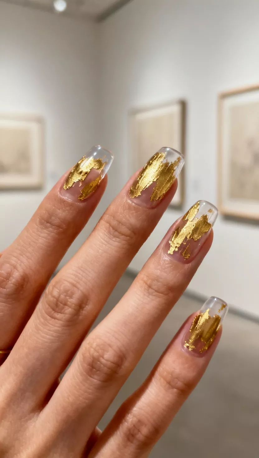 close-up shot of a woman’s hand with five fingers showing nails with a transparent, clear base coat, featuring bold, uneven strokes of metallic gold polish applied loosely across the nail like abstract art, gallery wall background.