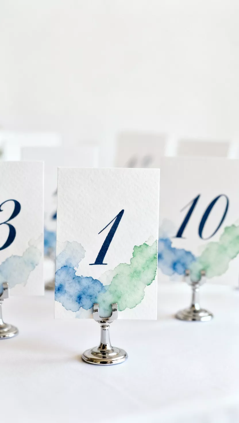 A professional photo, similar to a photo in a wedding magazine, of elegantly designed white table number cards featuring delicate watercolor washes in soft blue and green, displayed in small silver stands.