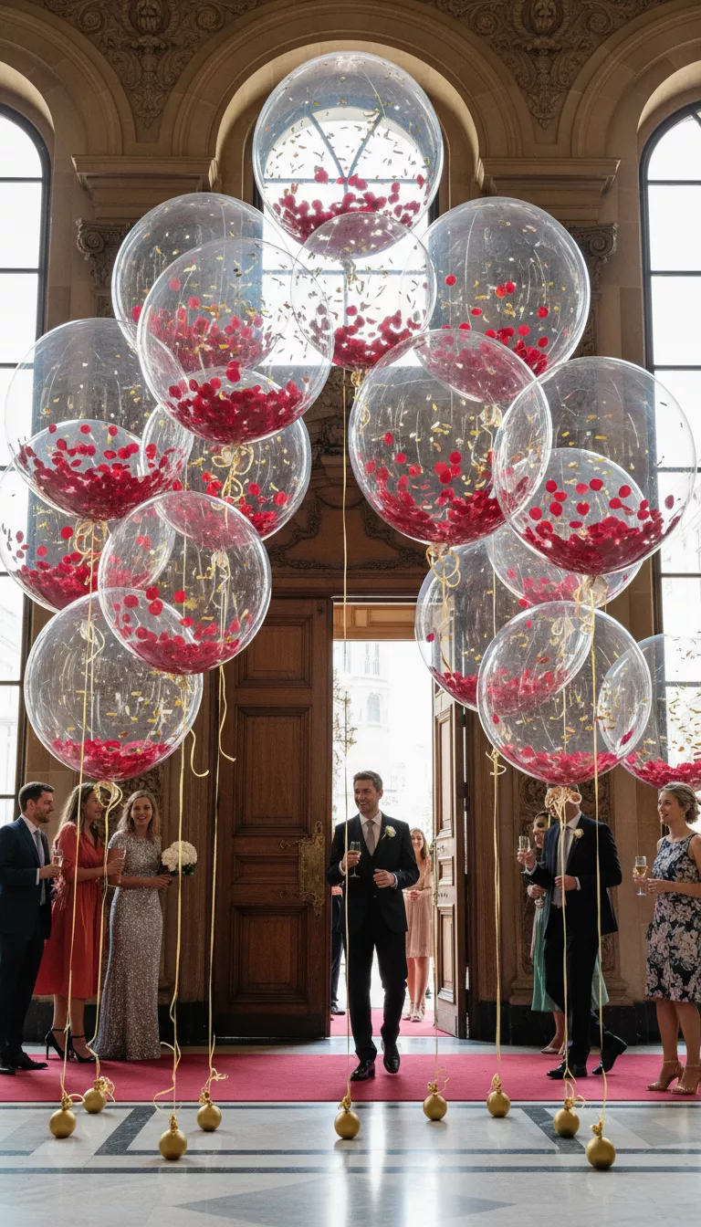 A professional photo, similar to a photo in a wedding magazine, of giant clear helium balloons filled with cascading red rose petals and gold confetti, clustered together near the entryway, creating a fun, celebratory, and structurally interesting decoration.