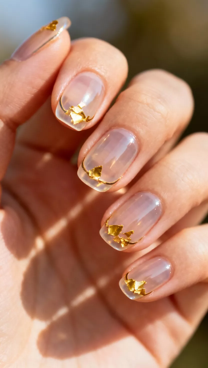 close-up shot of a woman’s hand with five fingers showing nails with a totally clear, high-shine top coat, where the edges and cuticles are thinly outlined with tiny pieces of bright gold foil, natural light outdoors.