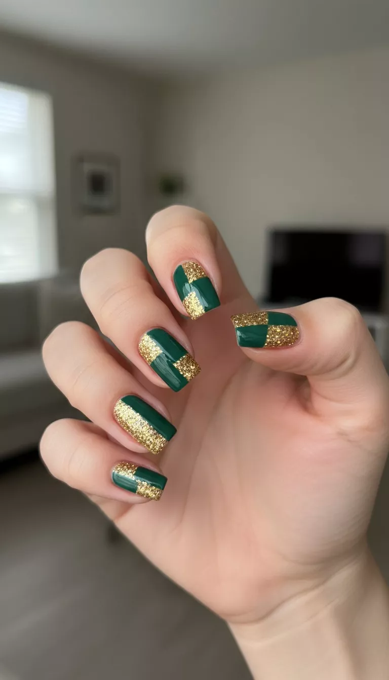 close-up shot of a woman’s hand with five fingers showing nails with clean, sharp blocks of color—some sections solid emerald green, adjacent sections filled with dense gold glitter polish, room background.