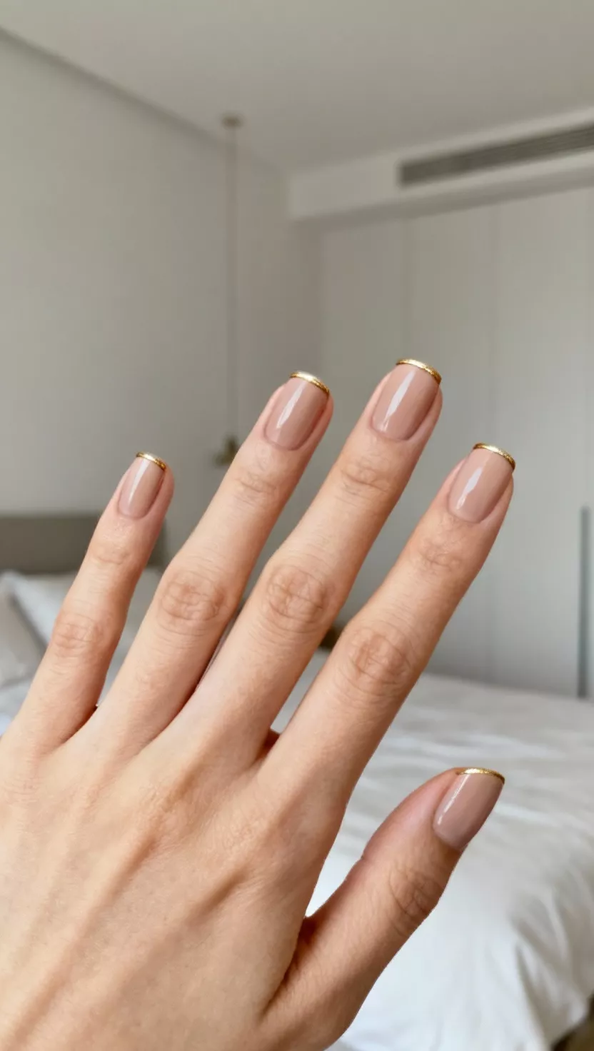 close-up shot of a woman’s hand with five fingers showing nails with a natural nude base polish, featuring an incredibly thin, barely-there line of solid metallic gold polish along the free edge of the nail, minimalist bedroom.