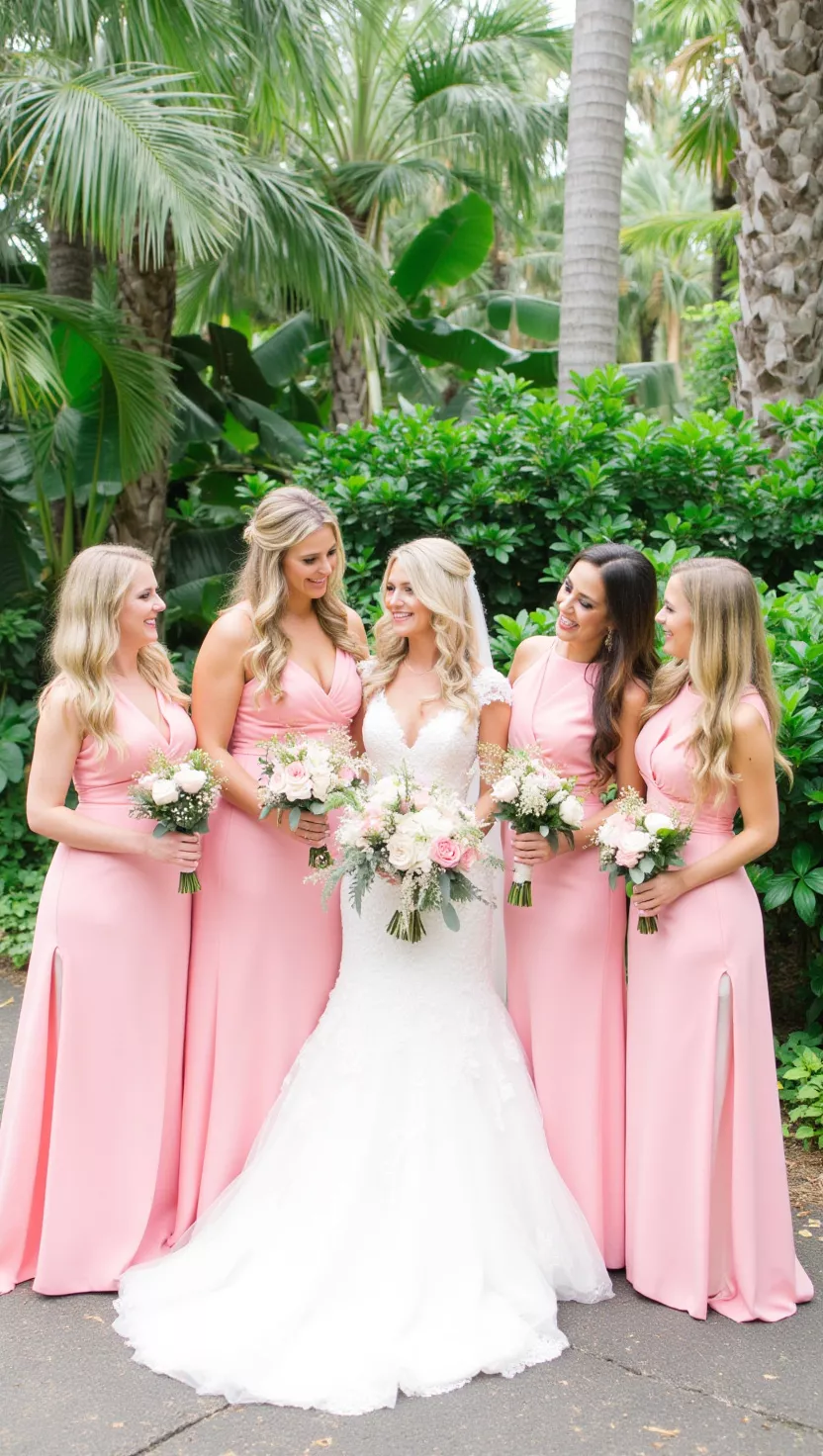 Joyful Pink Bridesmaid Moment A photo of a bride sharing a joyful moment with bridesmaids in long flowing pink dresses, standing together amidst lush green foliage and tropical palm trees.