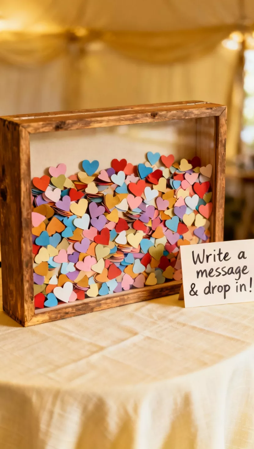 A professional photo, similar to a photo in a wedding magazine, of a rustic wooden frame holding a large shadow box filled with small, colorful paper hearts, with a sign asking guests to write small messages on the hearts before dropping them inside.