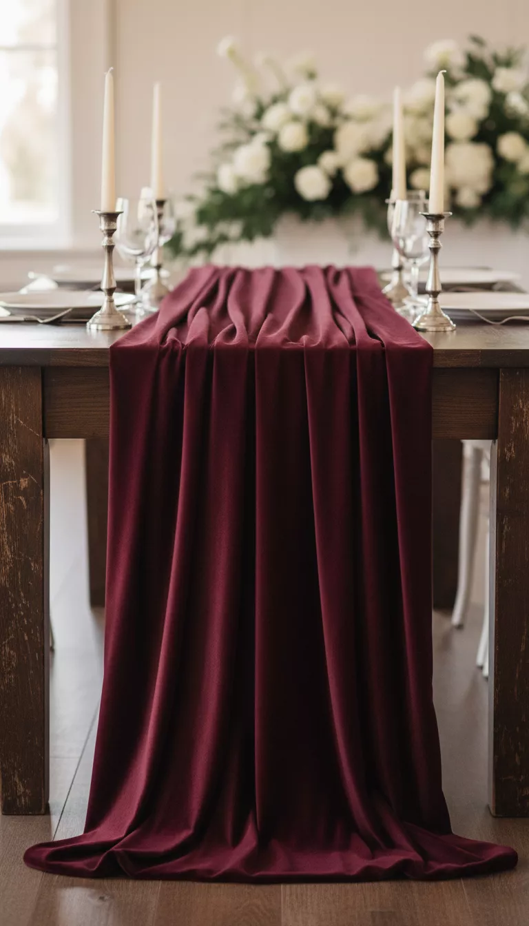 A professional photo, similar to a photo in a wedding magazine, of a luxurious, dark burgundy velvet table runner draped across a wooden reception table, flanked by simple silver candlesticks.