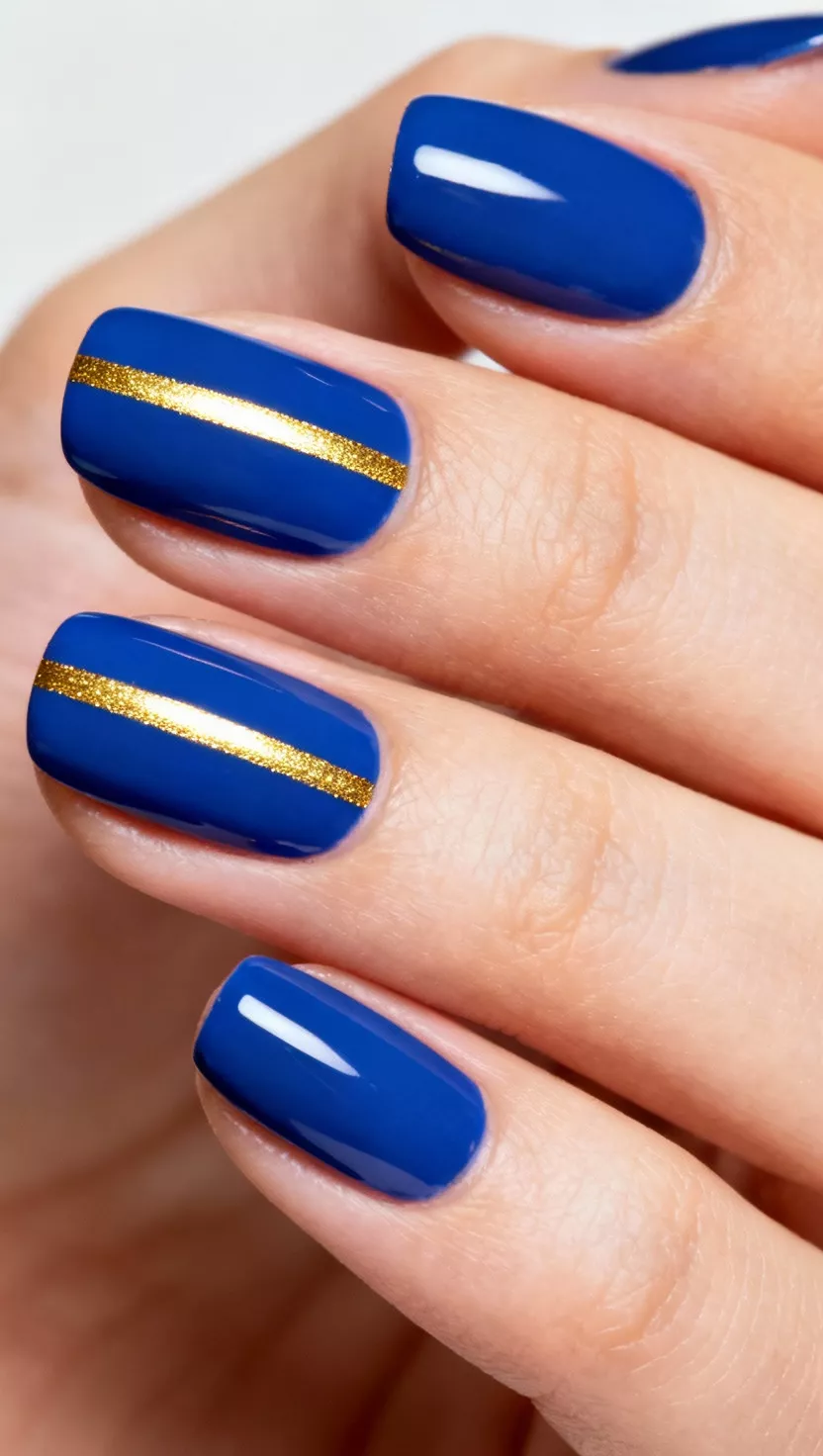 close-up shot of a woman’s hand with five fingers showing nails with a smooth, cobalt blue polish featuring one perfectly straight, thin vertical line of bright metallic gold running down the center, bright office lighting.