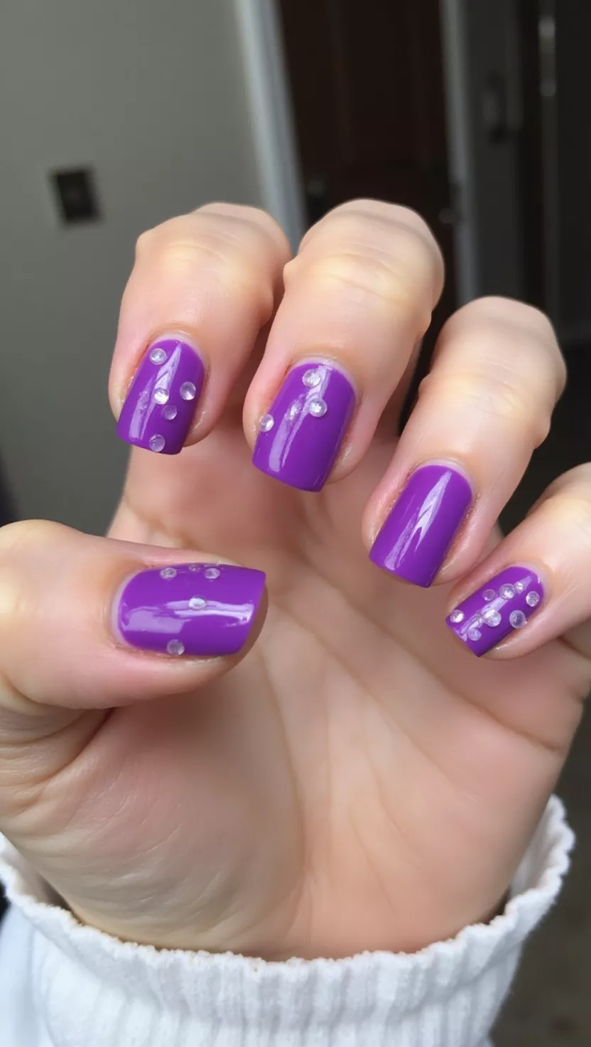 close-up shot of a woman’s hand with five fingers showing nails with a bright orchid purple base color and clear raised gel dots mimicking the look of fresh water droplets scattered across the surface, room background.