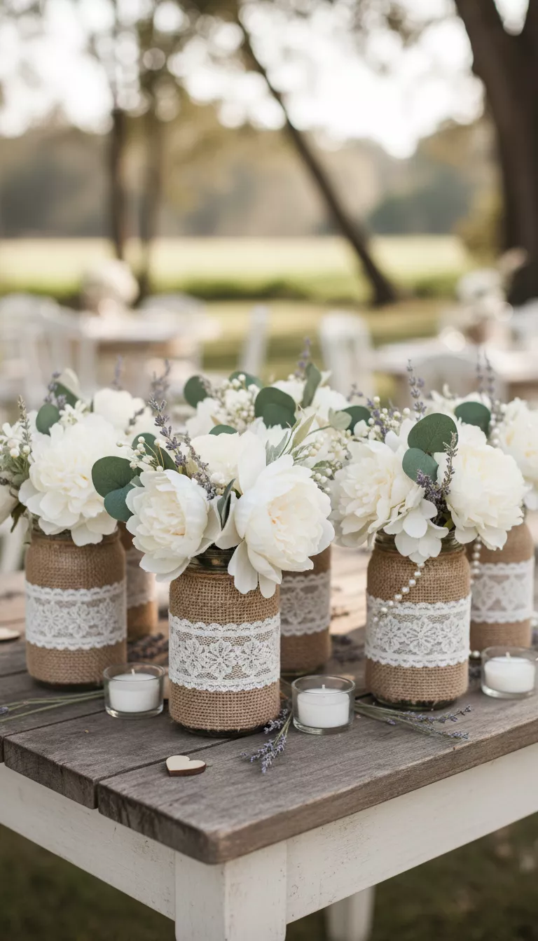 Rustic Mason Jars Wrapped in Burlap and Lace A professional photo, similar to a photo in a wedding magazine, of small mason jars wrapped tightly with rustic burlap and delicate white lace, holding creamy ivory silk flowers, on a rustic wood surface.