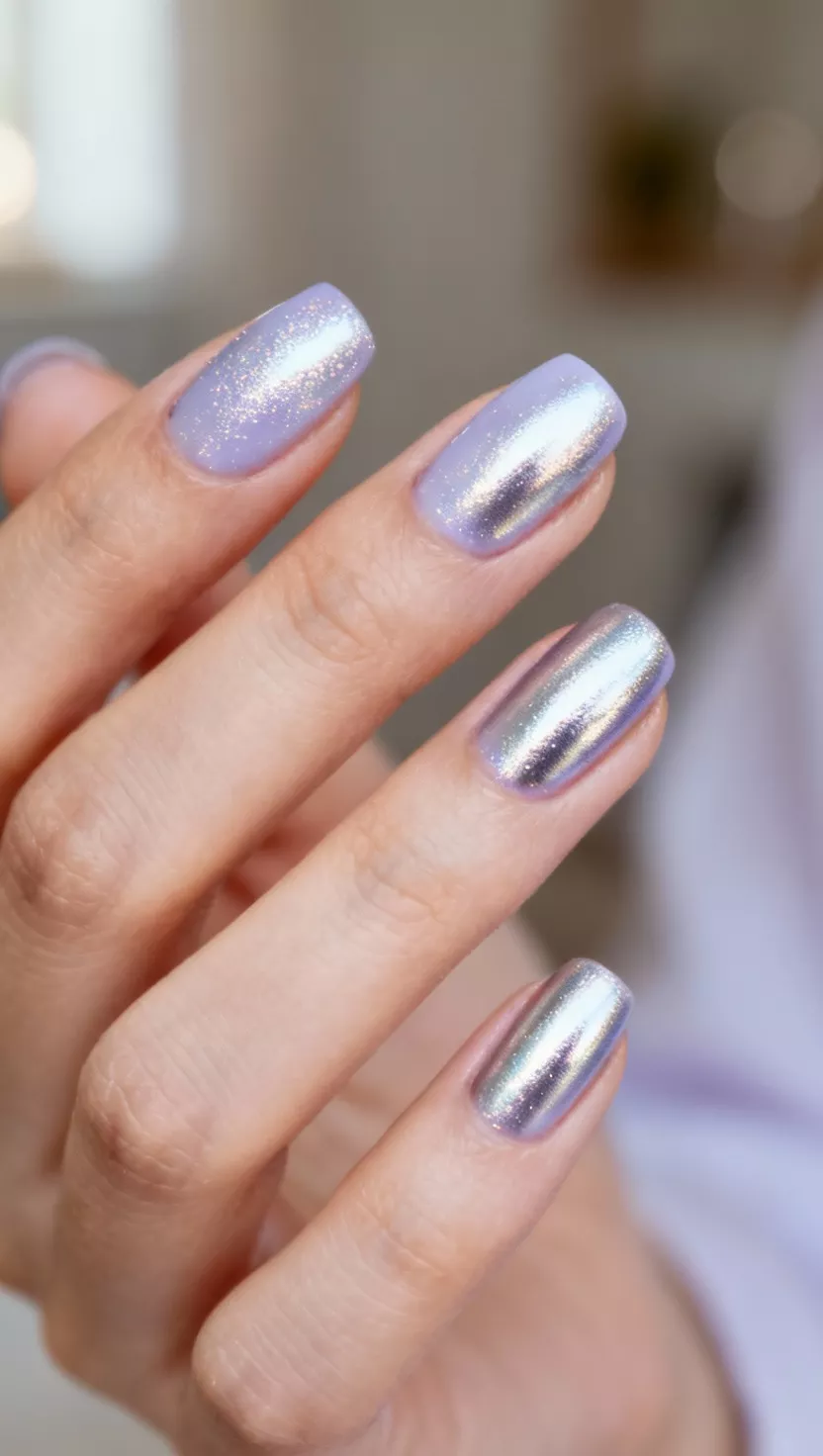 close-up shot of a woman’s hand with five fingers showing nails with a pale, icy lavender base color finished with a chrome powder that gives it a metallic, reflective sheen, soft diffused light room background.