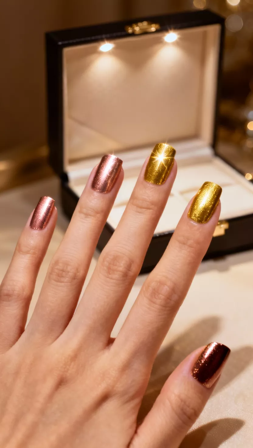 close-up shot of a woman’s hand with five fingers showing nails with an alternating pattern of two shades: one nail painted solid rose gold and the next painted deep, bright true gold, reflecting overhead lights, jewelry box open in background.