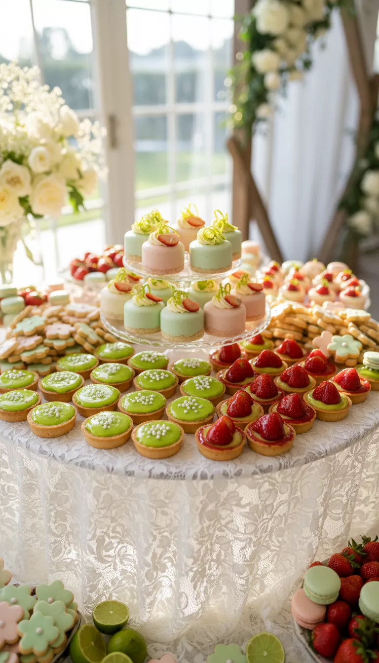 A photo of a delicate wedding dessert table showcasing an assortment of mini pastel-colored cakes, small tarts, and dainty cookies, with refreshing lime green and bright strawberry flavors prominently featured.
