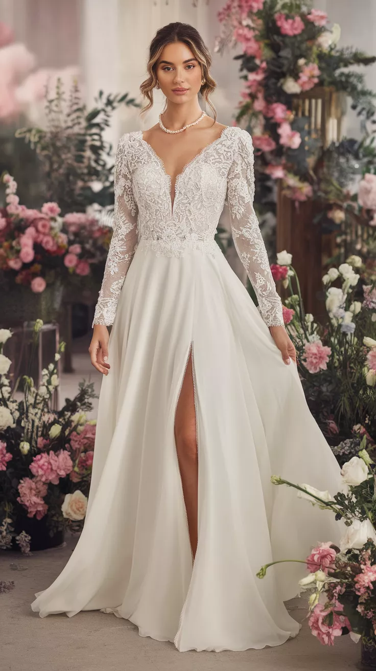 A photo of a bride wearing a white gown with a long-sleeved lace bodice and a flowing, thigh-high slit chiffon skirt, standing in a floral studio.