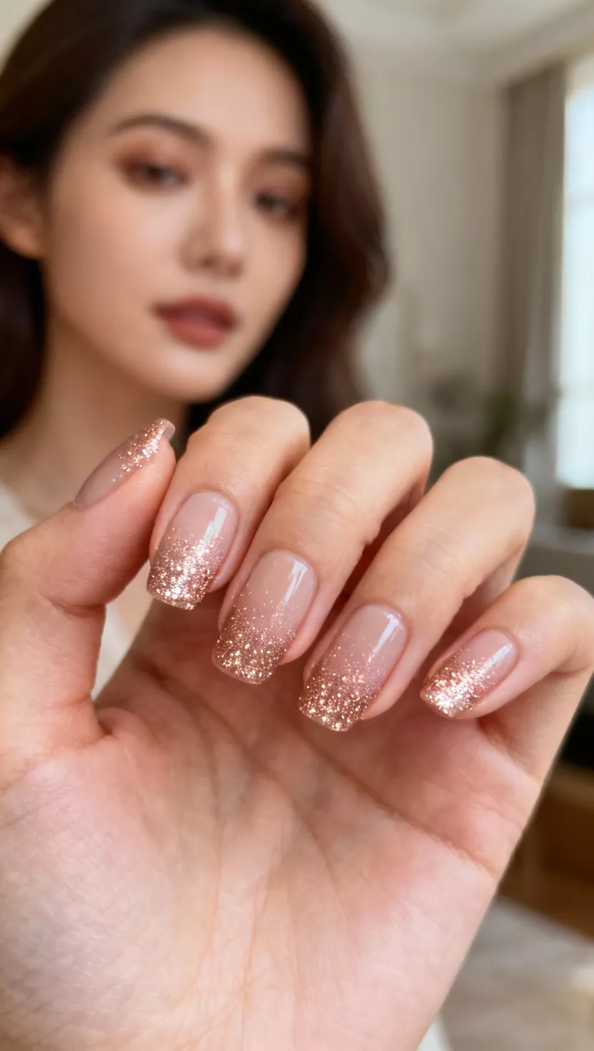 Rose Gold Glitter Gradient close-up shot of a woman’s hand with five fingers showing nails with a neutral nude base color, seamlessly blended into a dense concentration of fine rose gold glitter particles at the tips, fading down towards the cuticle, room background.