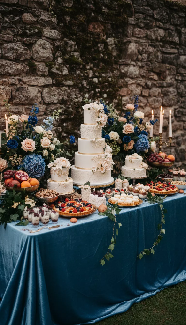 A photo of an opulent wedding dessert spread arranged on a luxurious blue velvet cloth, showcasing various elaborate cakes, fine tarts, fresh fruits, and vibrant floral arrangements against an aged stone wall.