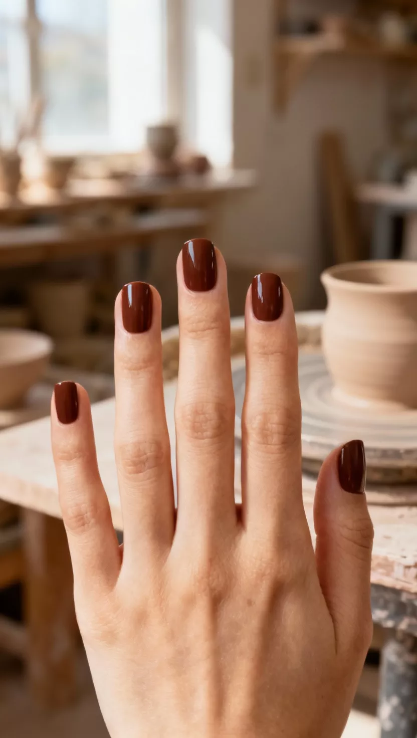 close-up shot of a woman’s hand with five fingers showing nails with a solid, deep mushroom brown polish, pottery studio background.