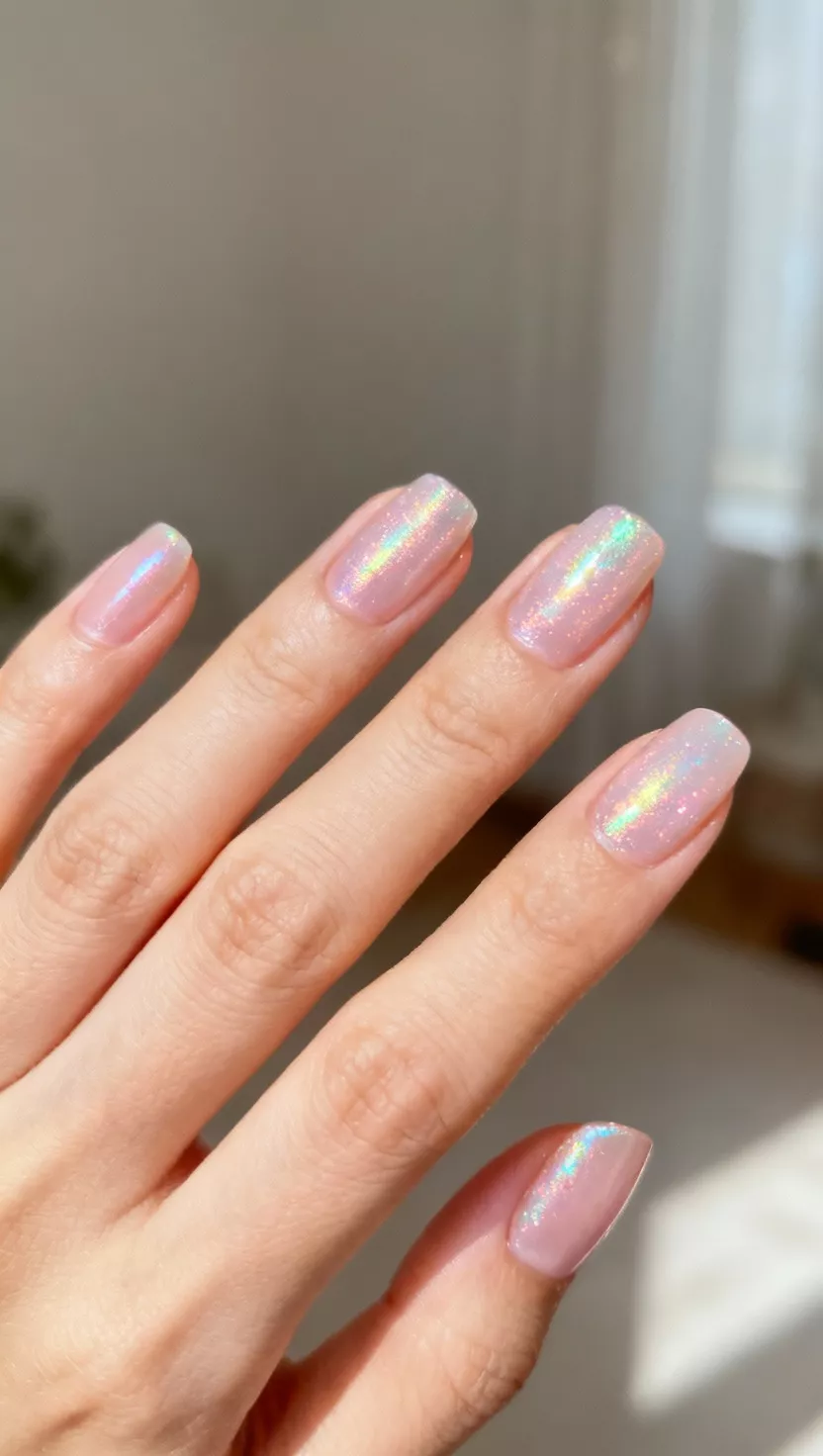 Subtle Iridescent Shimmer Overlay close-up shot of a woman’s hand with five fingers showing nails with a pale pink or sheer nude base coat topped with a very thin layer of iridescent, color-shifting shimmer polish, room background.