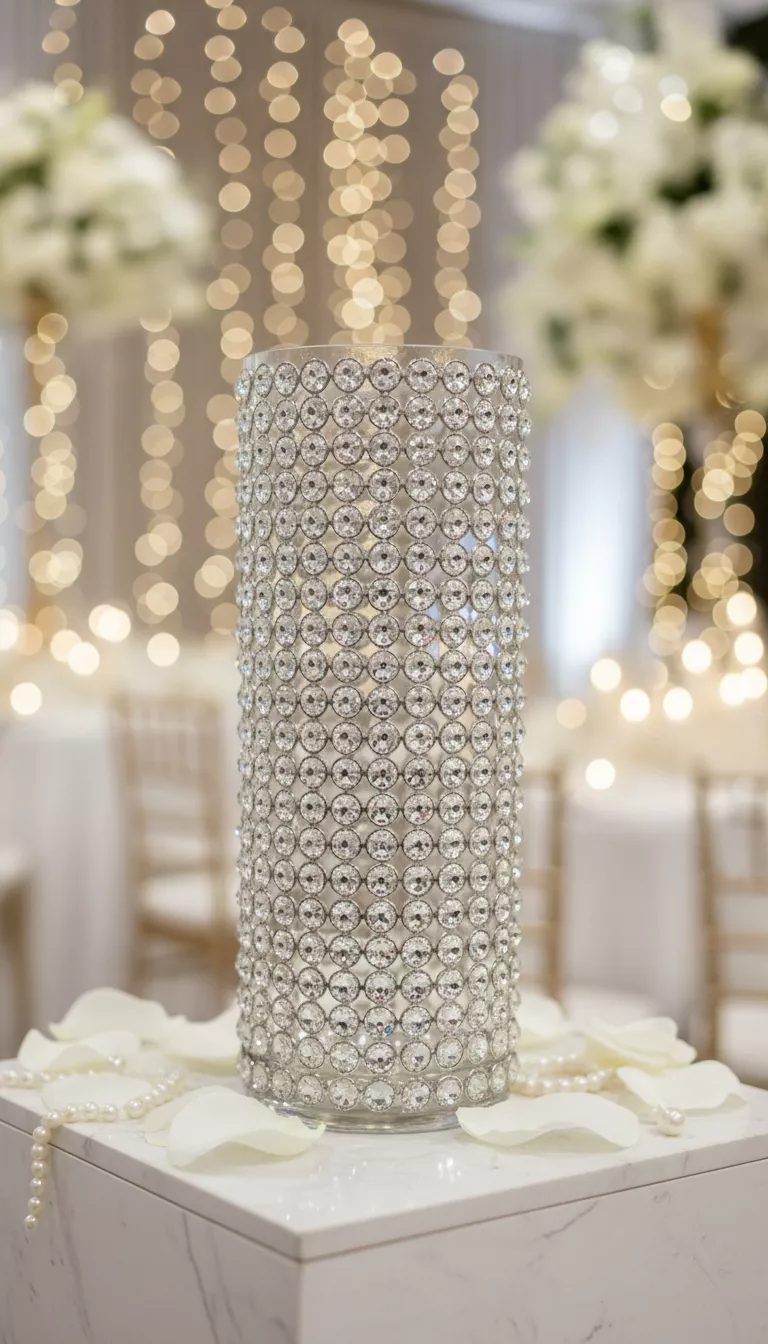 Glued Rhinestones for Sparkle and Glamour A professional photo, similar to a photo in a wedding magazine, of a clear glass vase meticulously covered with glued rhinestones or faux gems, adding significant sparkle and luxurious glamour to the surface.