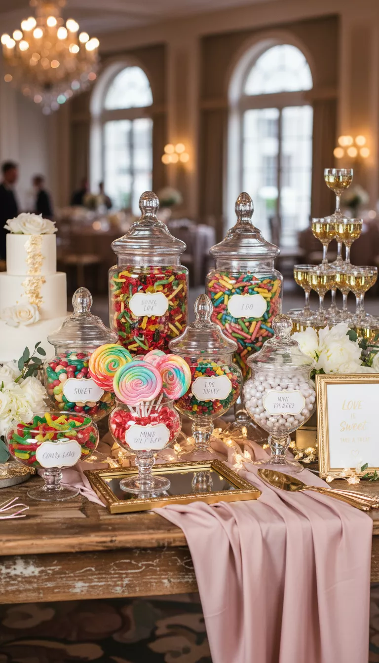 A professional photo, similar to a photo in a wedding magazine, of a lavish wedding candy bar display featuring various glass Dollar Tree apothecary jars and decorative bowls filled with colorful, tempting candies and labeled creatively.
