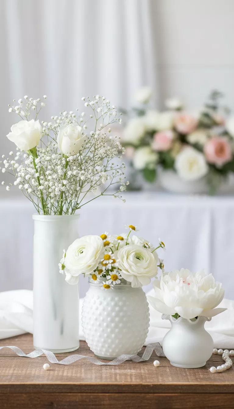Grouped Jars and Vases for Dimension A professional photo, similar to a photo in a wedding magazine, of a curated group of three different sizes of Dollar Tree jars and vases, each containing matching simple white flowers to create visual dimension and harmony.