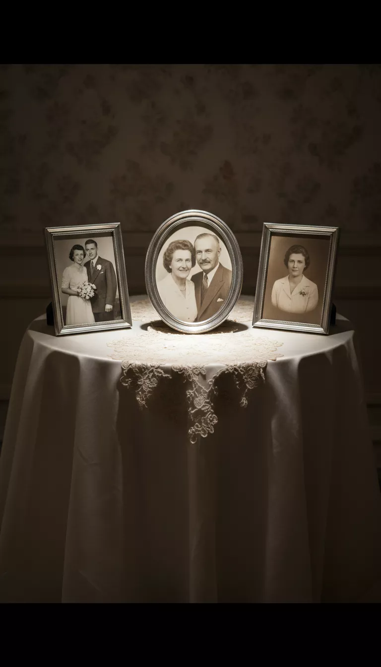 A professional photo, similar to a photo in a wedding magazine, of an elegantly draped table holding framed black and white photographs of deceased grandparents and an antique lace handkerchief, illuminated by a single spotlight.