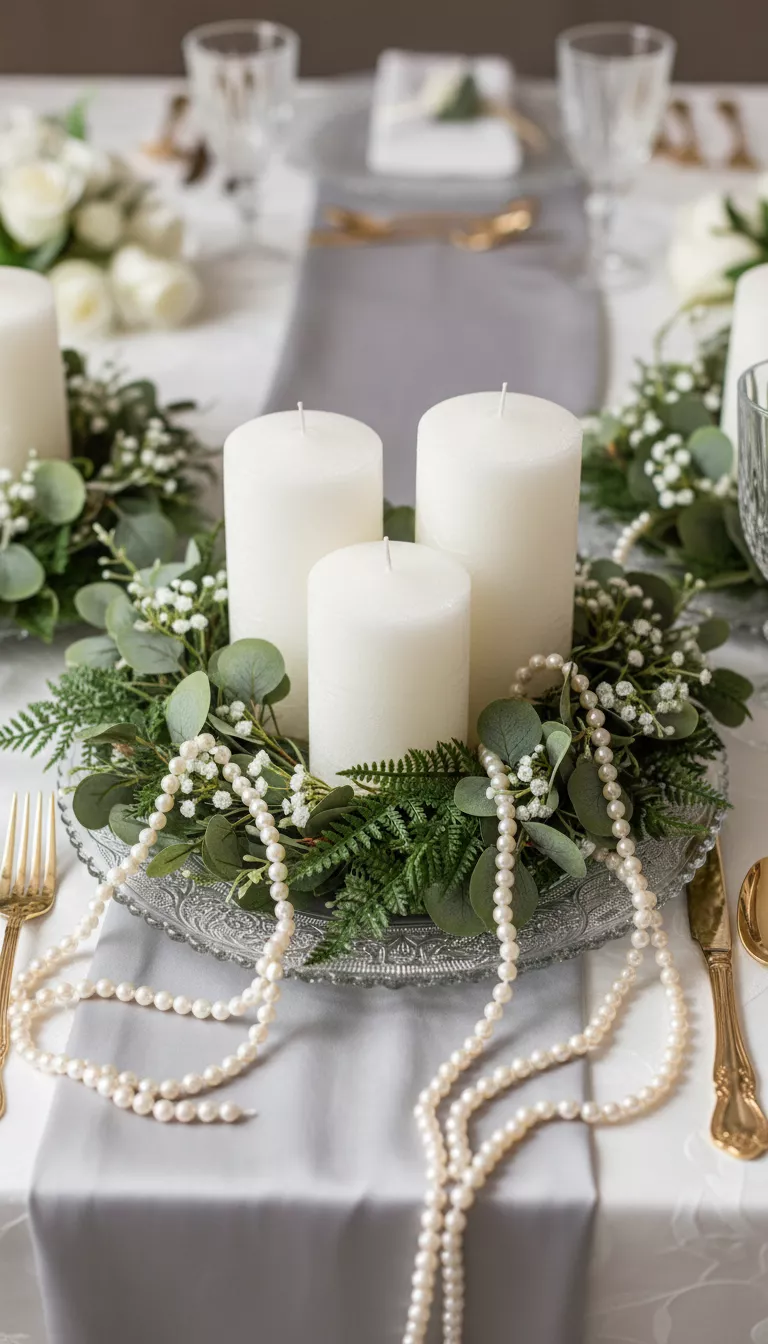 Pillar Candles Surrounded by Faux Greenery A professional photo, similar to a photo in a wedding magazine, of thick white pillar candles centered on decorative clear glass plates, encircled by lush faux greenery and draped pearl strands.