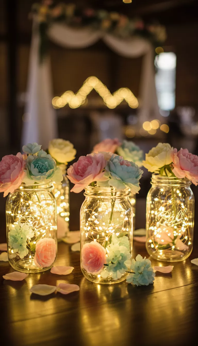 Mason Jars with Fairy Lights and Faux Flowers A professional photo, similar to a photo in a wedding magazine, of mason jars filled with warm white fairy lights and a few pastel faux flowers, radiating a soft glowing effect, on a dark wood surface.