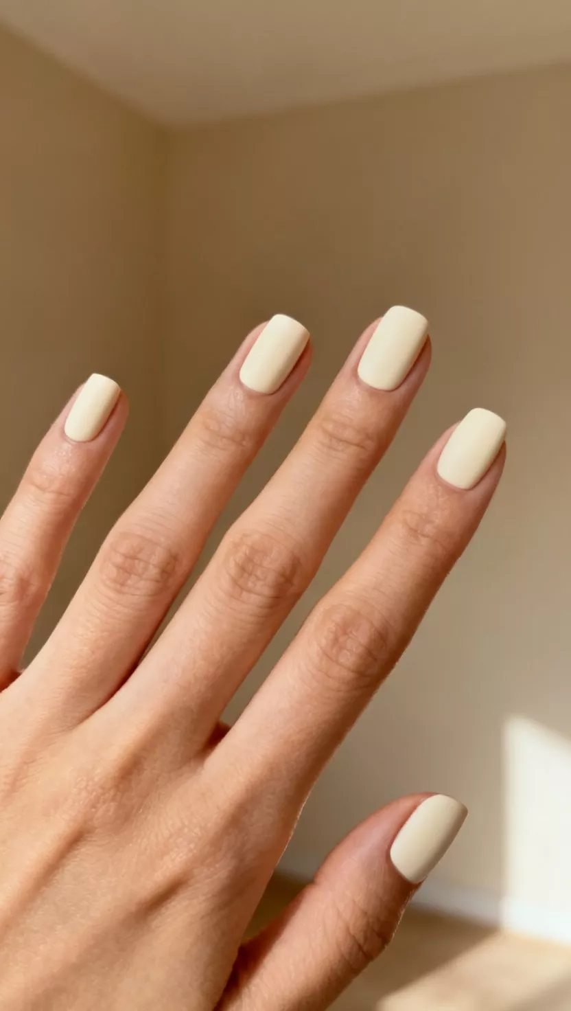 Classic Ivory Creams close-up shot of a woman’s hand with five fingers showing nails with a solid, opaque ivory cream polish with a matte finish, room background.