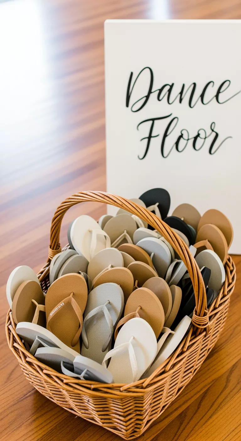 A professional photo, similar to a photo in a wedding magazine, of a wicker basket filled with a variety of inexpensive Dollar Tree flip-flops in various sizes and neutral colors, positioned near a dance floor sign.