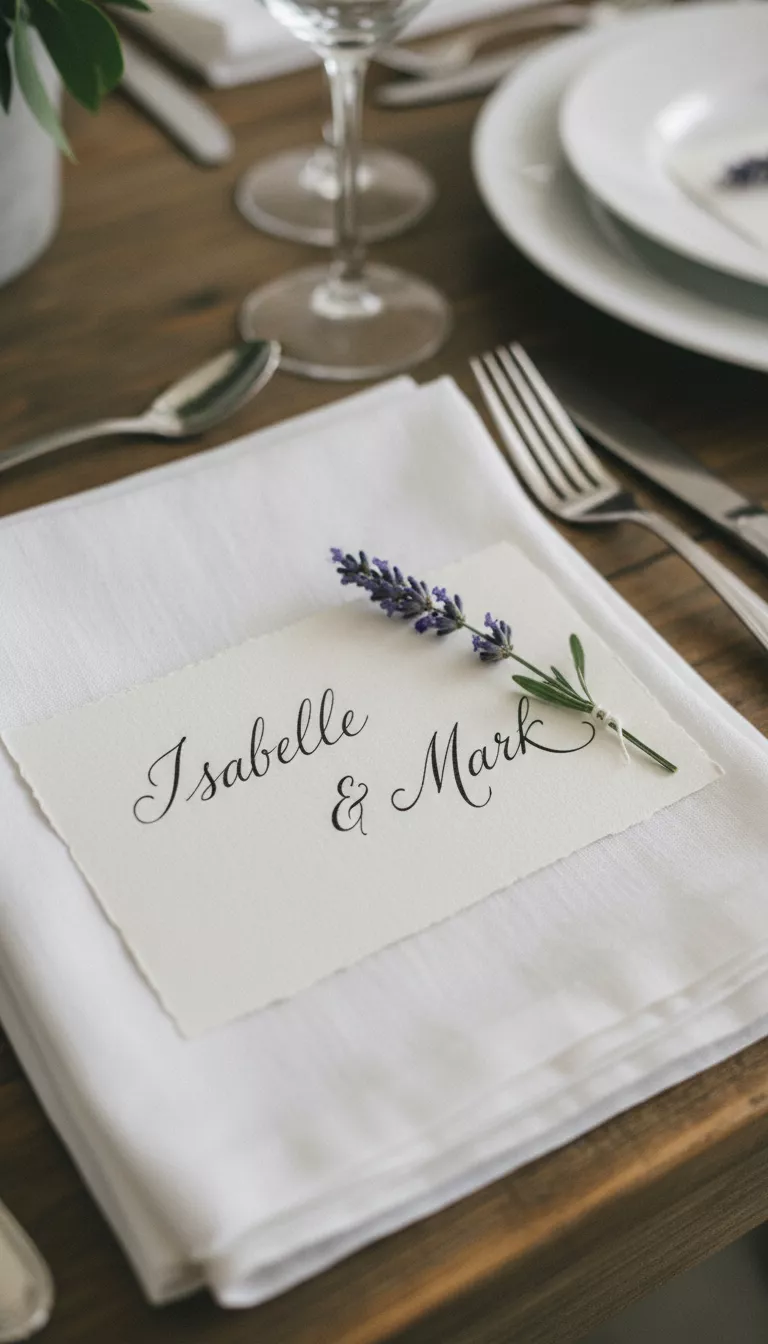 A professional photo, similar to a photo in a wedding magazine, of delicate white linen napkins topped with creamy handmade paper place cards that feature elegant copperplate calligraphy in black ink, secured with a sprig of fresh lavender.