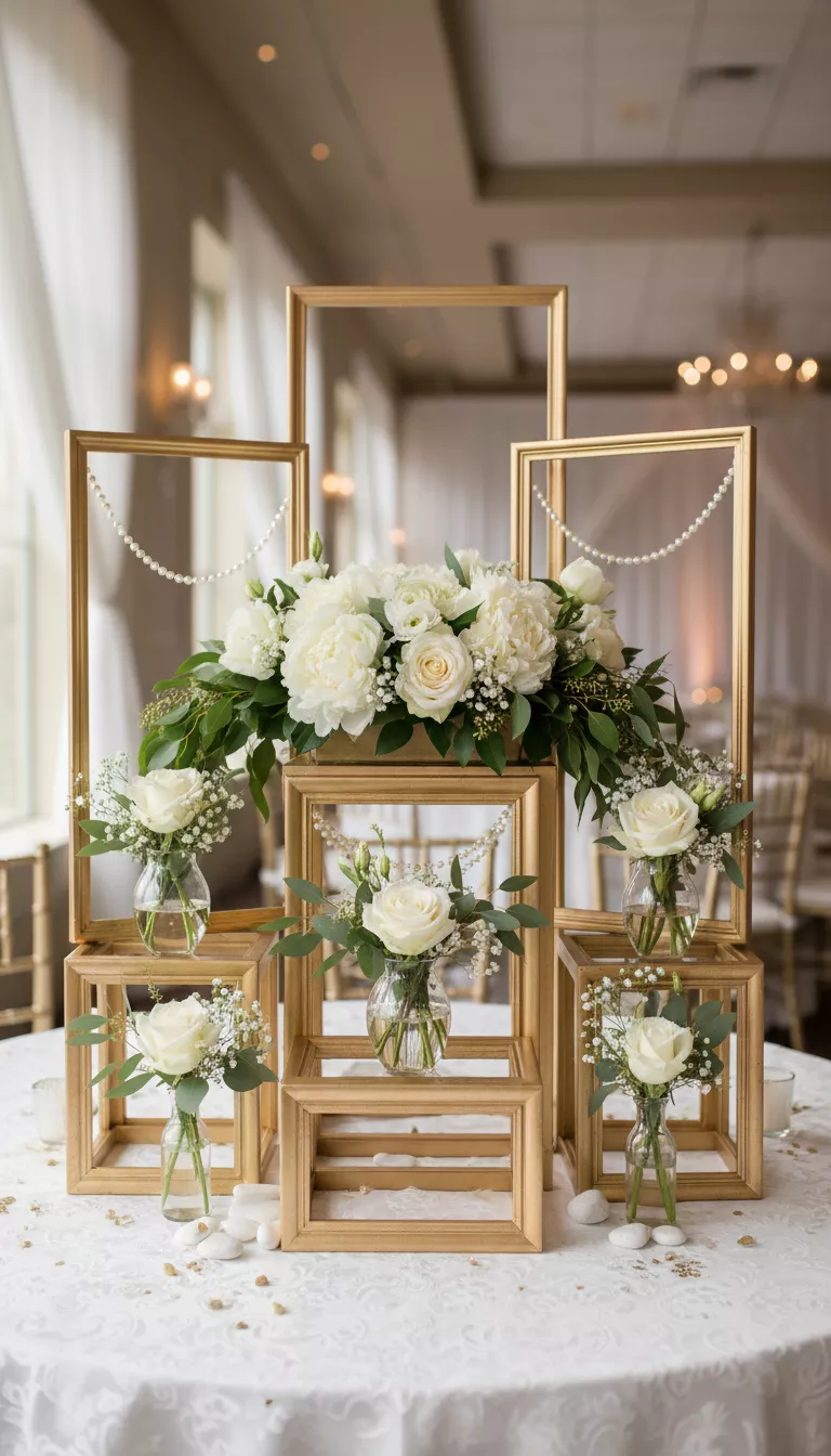 Picture Frames as Centerpiece Bases or Backdrops A professional photo, similar to a photo in a wedding magazine, of Dollar Tree picture frames painted gold, used as decorative bases supporting small vases or as elegant backdrops for table centerpieces.