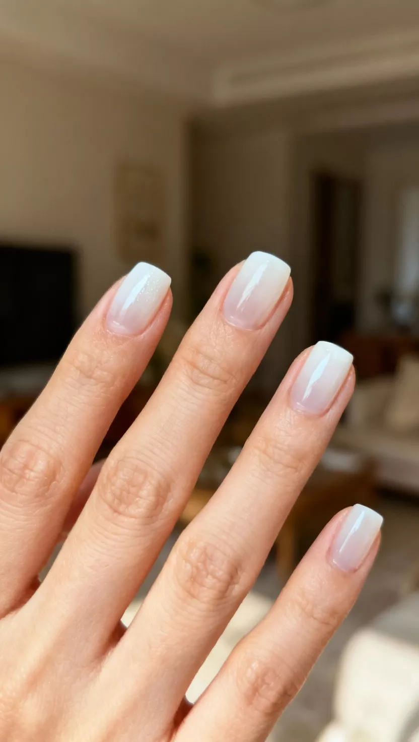 close-up shot of a woman’s hand with five fingers showing nails with a slightly sheer, milky white polish finish, living room background.