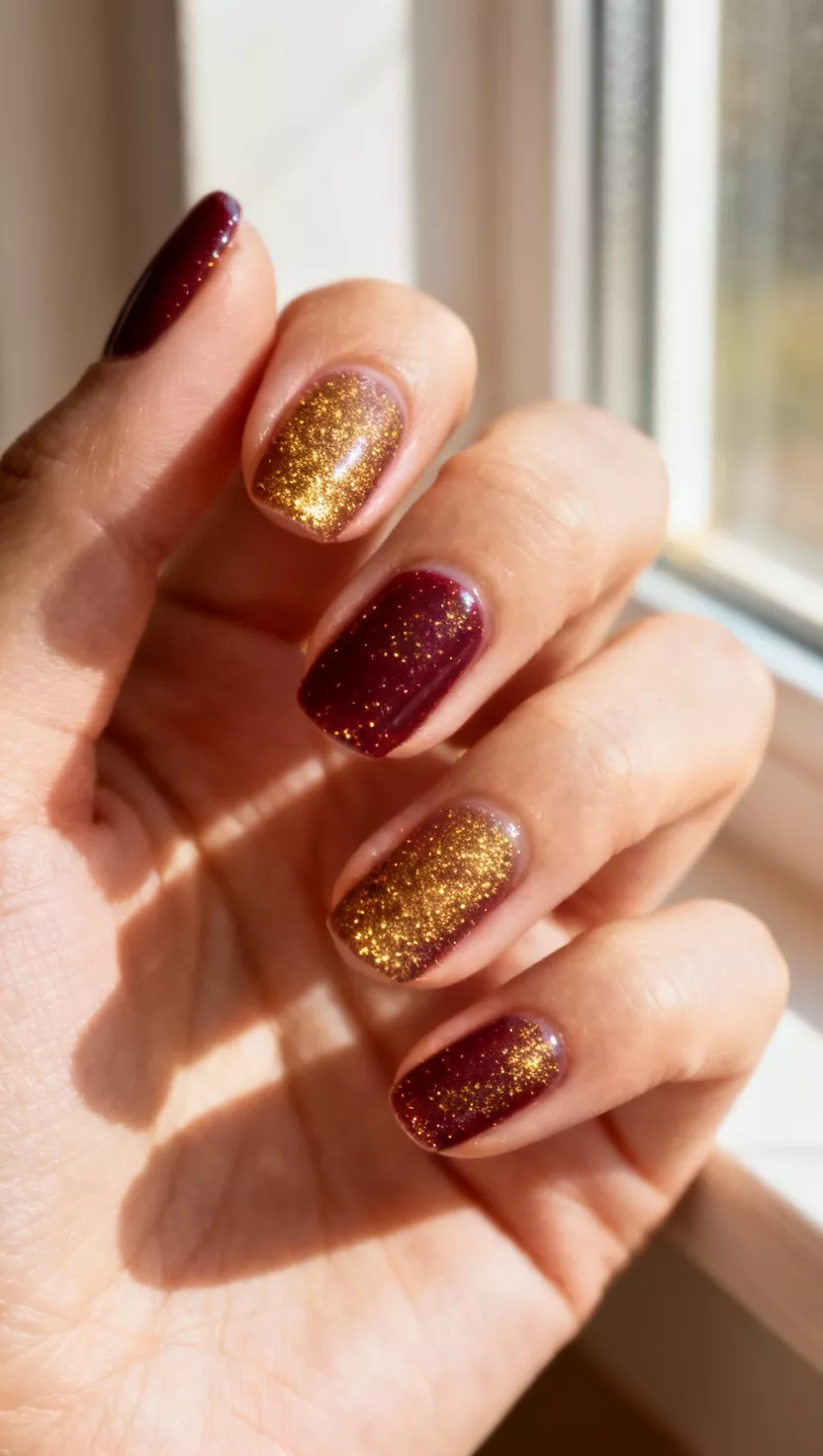 close-up shot of a woman’s hand with five fingers showing nails with a gritty, textured surface created by very fine gold glitter powder mixed into clear gel and applied over a deep burgundy base, sunlit window view.